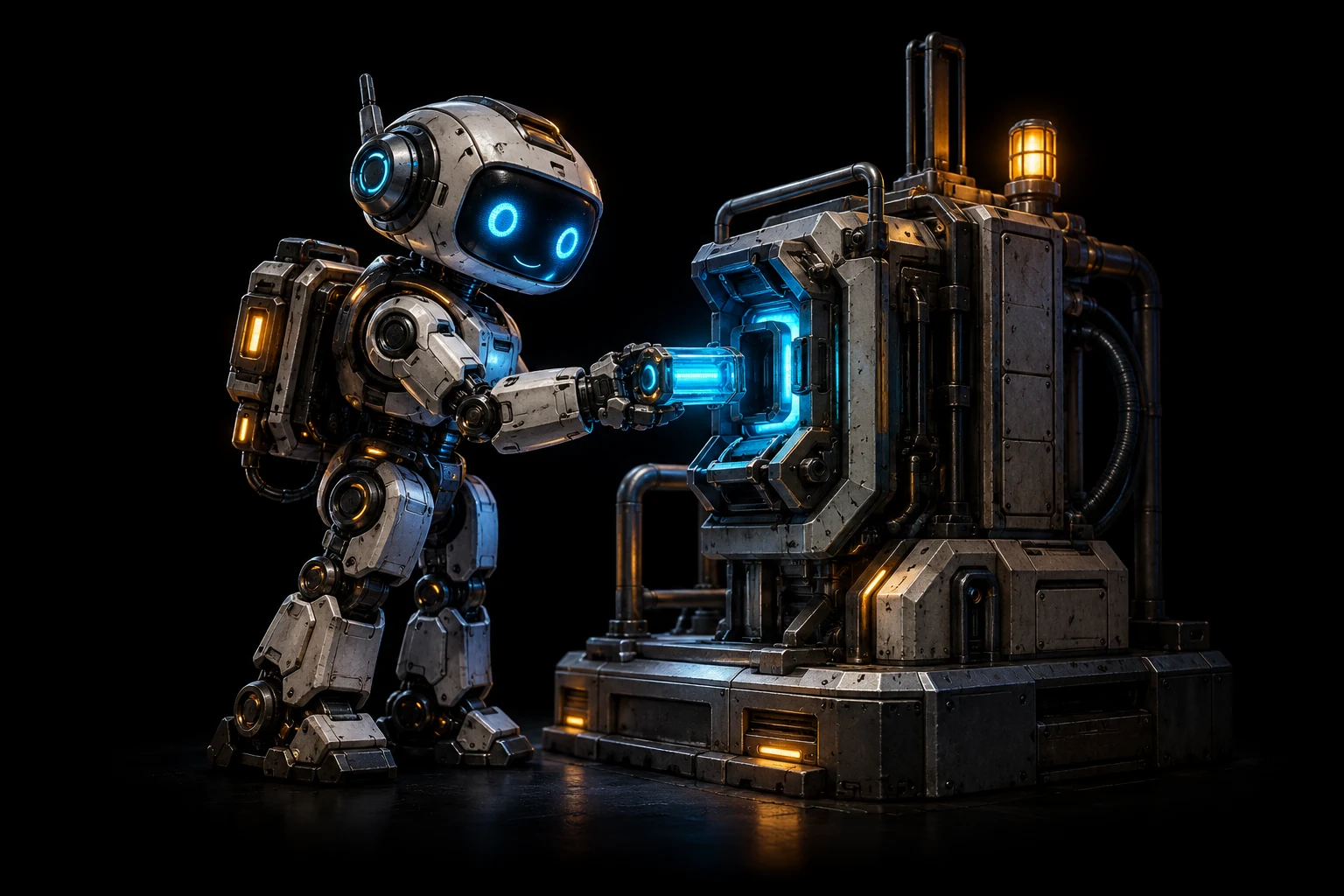 A utility robot exchanges a glowing data capsule with a service terminal.