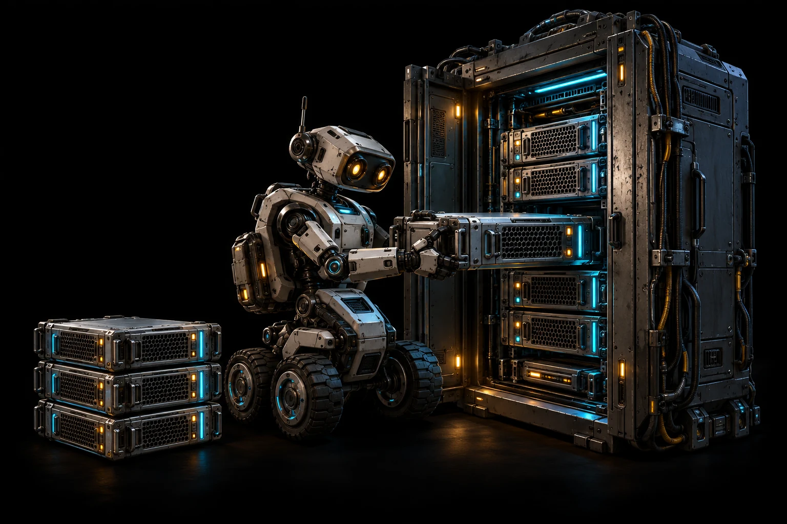A utility robot installs a module in a station cabinet, with matching modules ready nearby.